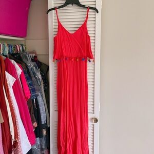 Vibrant Coral Maxi Dress with Pom Pom Trim
